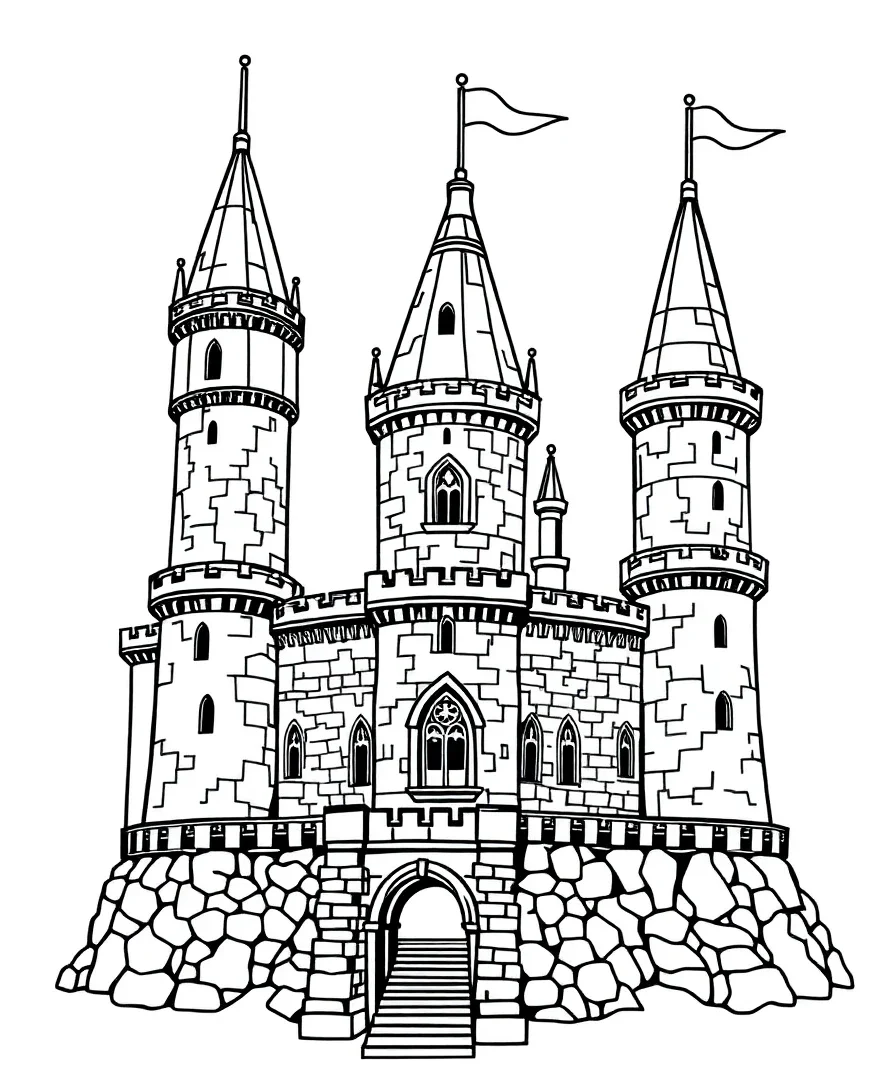 Line art of a medieval castle with towering turrets