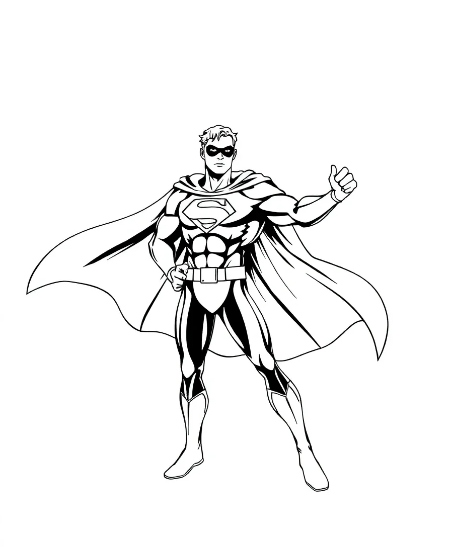 Line art of a superhero with a cape in a dynamic pose