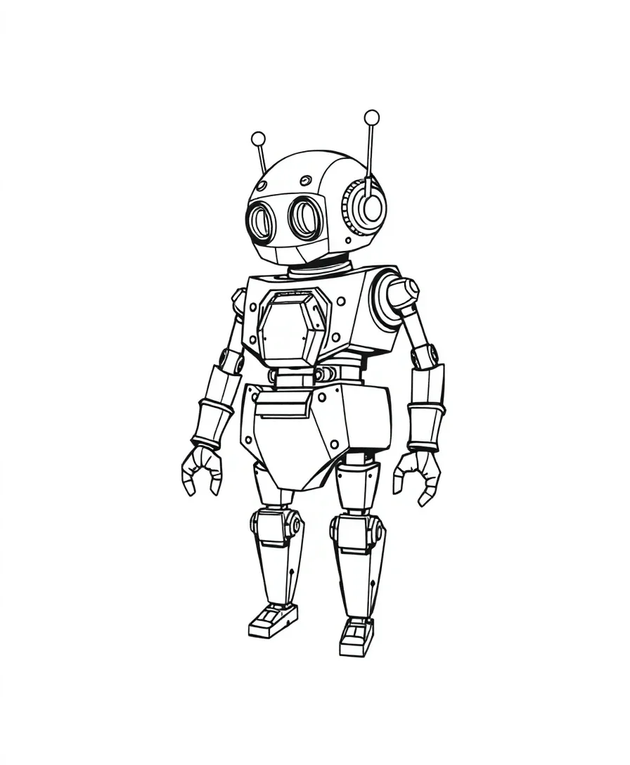 Line art of a robot with geometric shapes and mechanical details