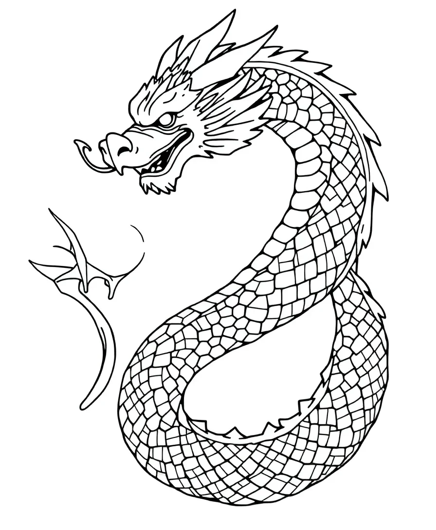 Line art of a dragon with serpentine form and intricate scales