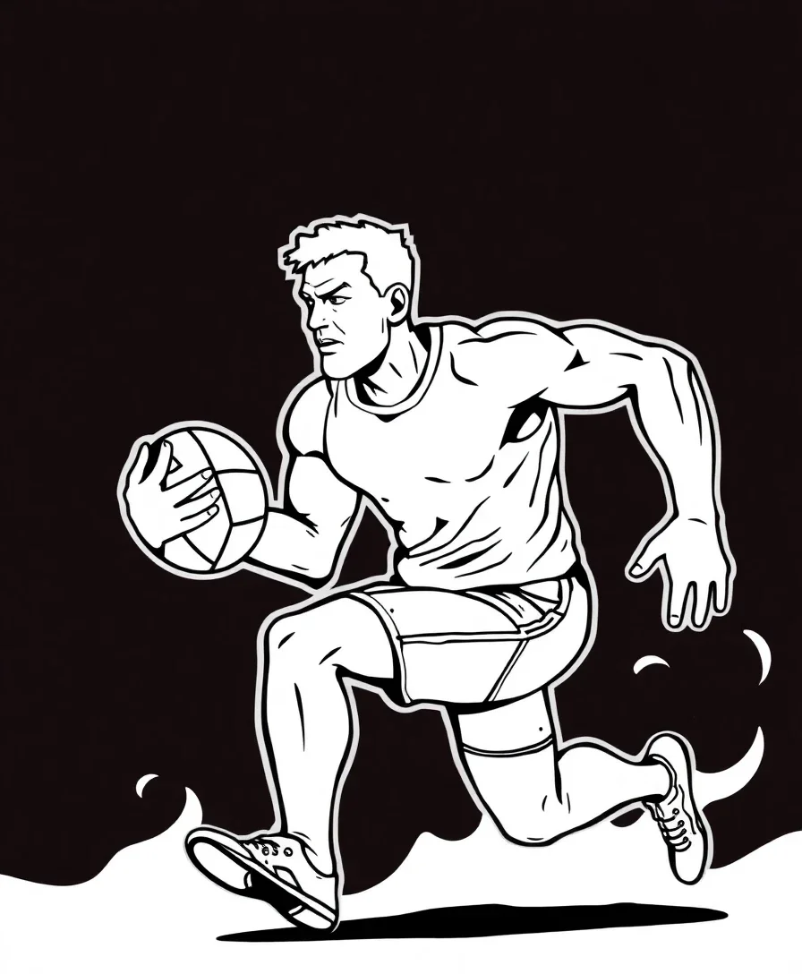 Line art of an athlete in mid-action with bold and clear outlines