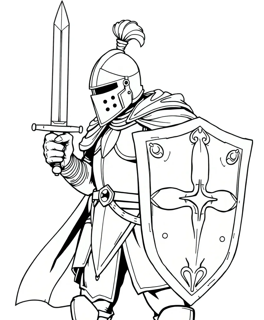 Line art of a knight in armor with a sword and shield