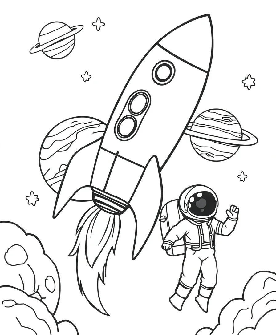 Line art of a rocket, planets, and an astronaut